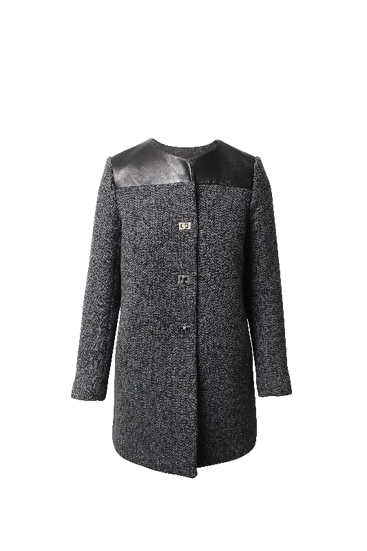 Sandro Paris Coat with Leather Trim in Grey Wool