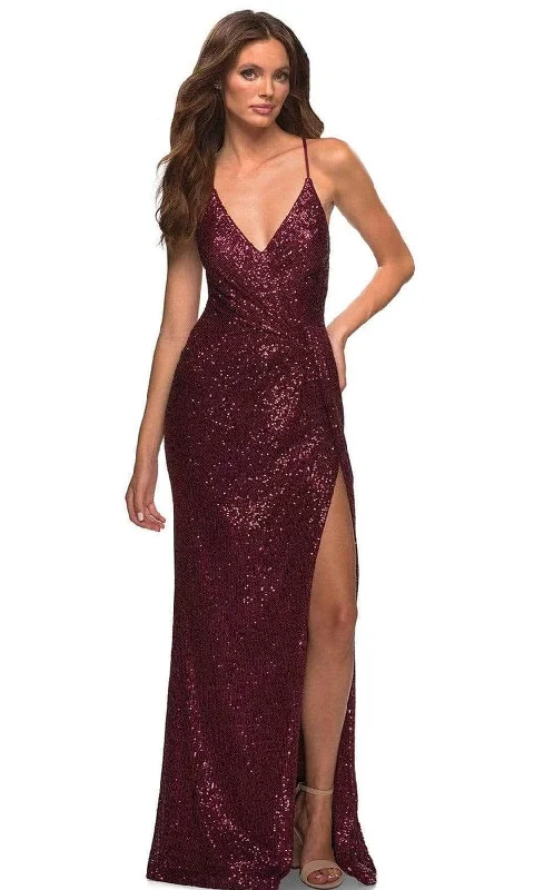 La Femme - 29438 Spaghetti Strap Wrap Sequin Long Prom Gown