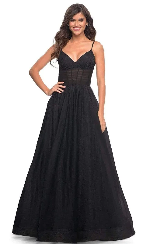 La Femme - 30334 Sheer Ruche-Ornate A-Line Gown