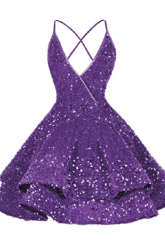 Purple V Neck A-Line Sequined Homecoming Dress Short Party Dress, DP2957